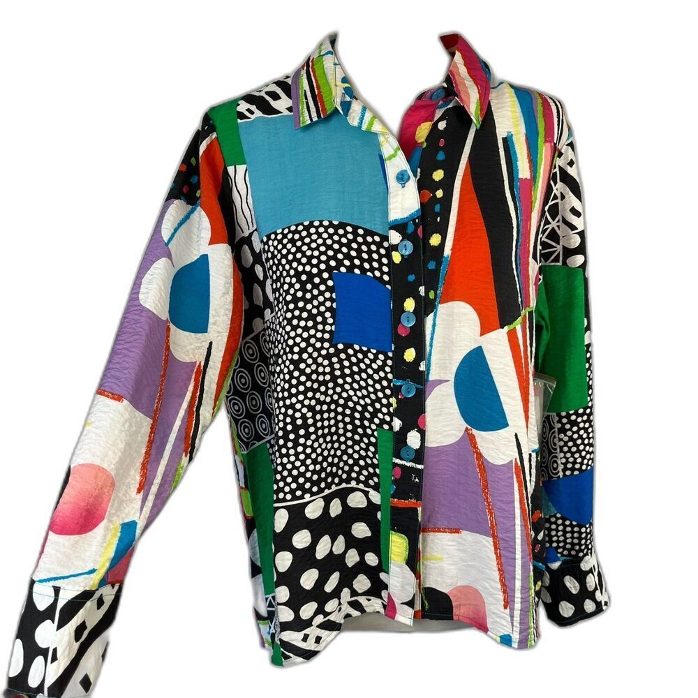 Ali Miles Colorful Abstract Button Up Top Sz PL Quirky Art Teacher Clown Kitsch